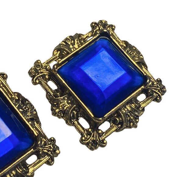 Vintage Cobalt Blue Glass Baroque Gold Tone Clip Earrings 60s 70s Statement - Picture 14 of 14